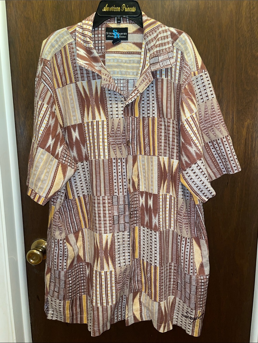 Steve Harvey size 3X Linen/Cotton Short-Sleeve Button-Down Shirt-Brown/Orange